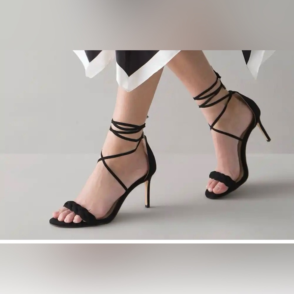 White House Black Market Strappy Braided Mid-Heel Sandal color black size 8.5